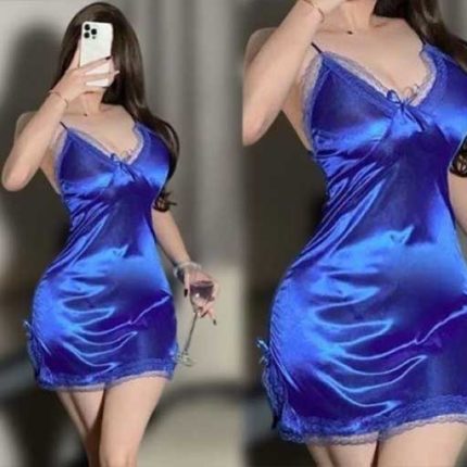 Women’s Royal Blue Satin Slip Dress with Lace Trim on mannequin, elegant satin shine and lace details.